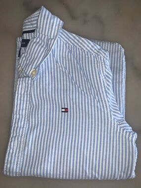 Tommy Hilfiger Light Blue & White Striped Cotton Button-Down Shirt
